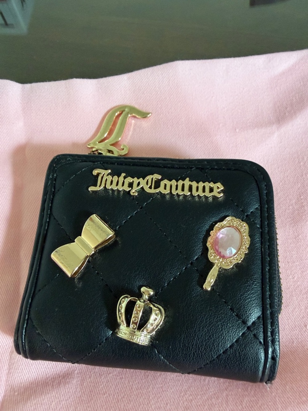 Juicy Couture Black Quilted Mini Wallet with Gold Charms and Pink Accent